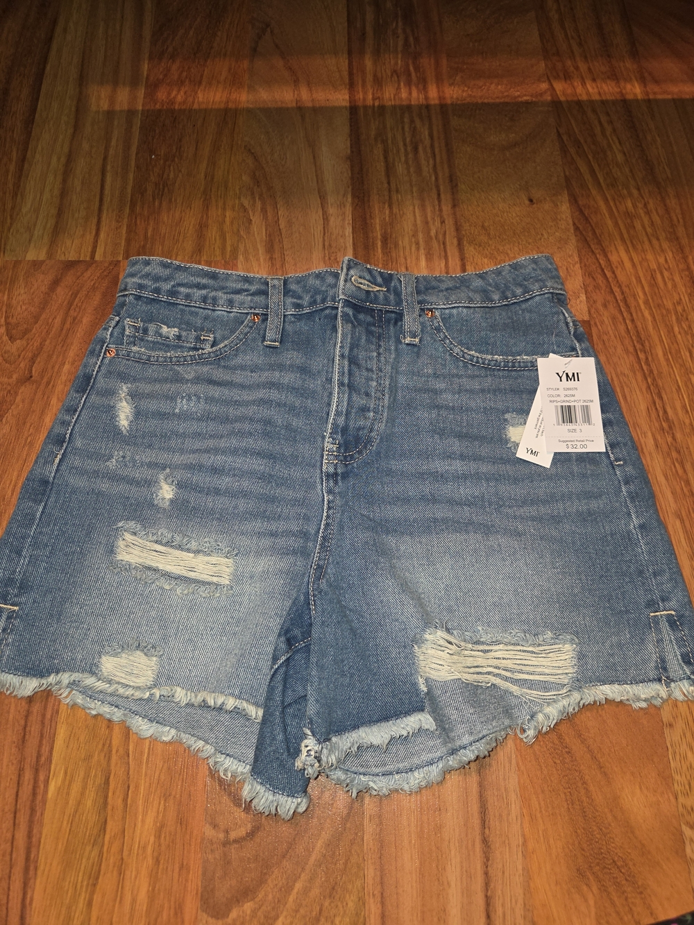 YMI Light Blue Distressed High-Rise Mom Denim Shorts